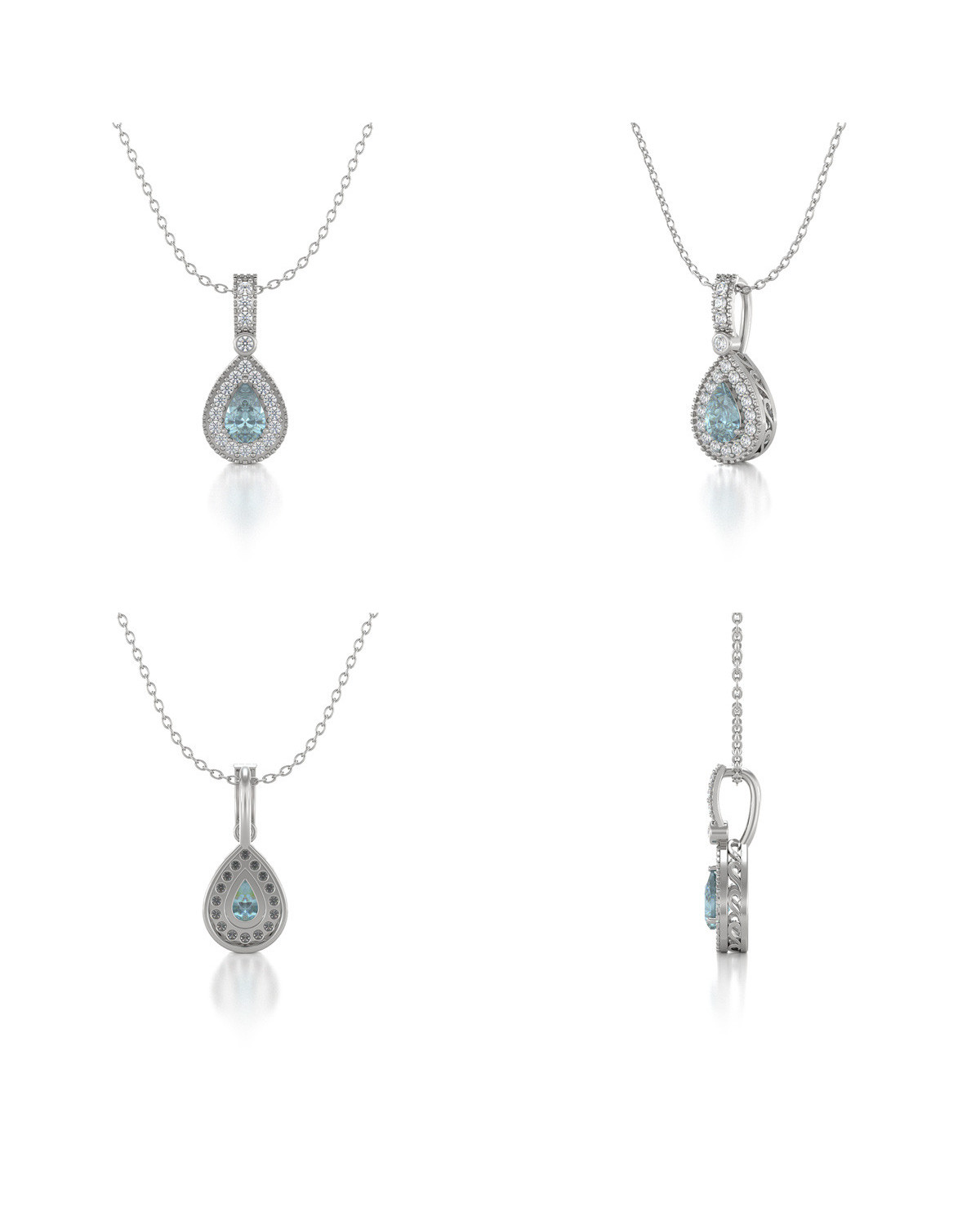 Collier Ancien Vintage Couleur Or Blanc Avec Diamant Et Aigue-marine - Bijou Ancien Référence 3923, Occasion