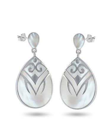 Boucles D'Oreilles Argent 925 Avec Fleur Onyx, Corail Rouge & Nacre - Neuf Avec Étiquettes