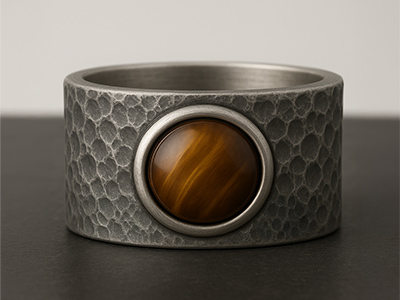 Bague Terra sur-mesure homme - Élément Terre en argent sterling 925 brossé avec œil de tigre - Création unique Aden texturée martelée