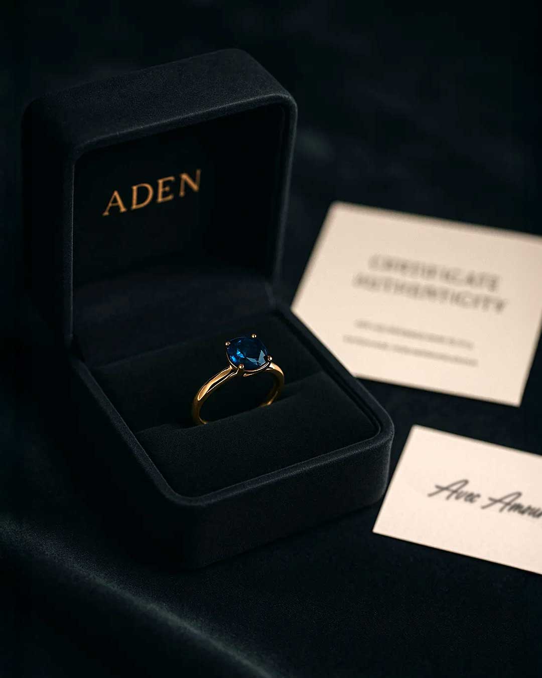 Consegna di un gioiello su misura Aden - Astuccio di lusso con anello e certificato di autenticità personalizzato