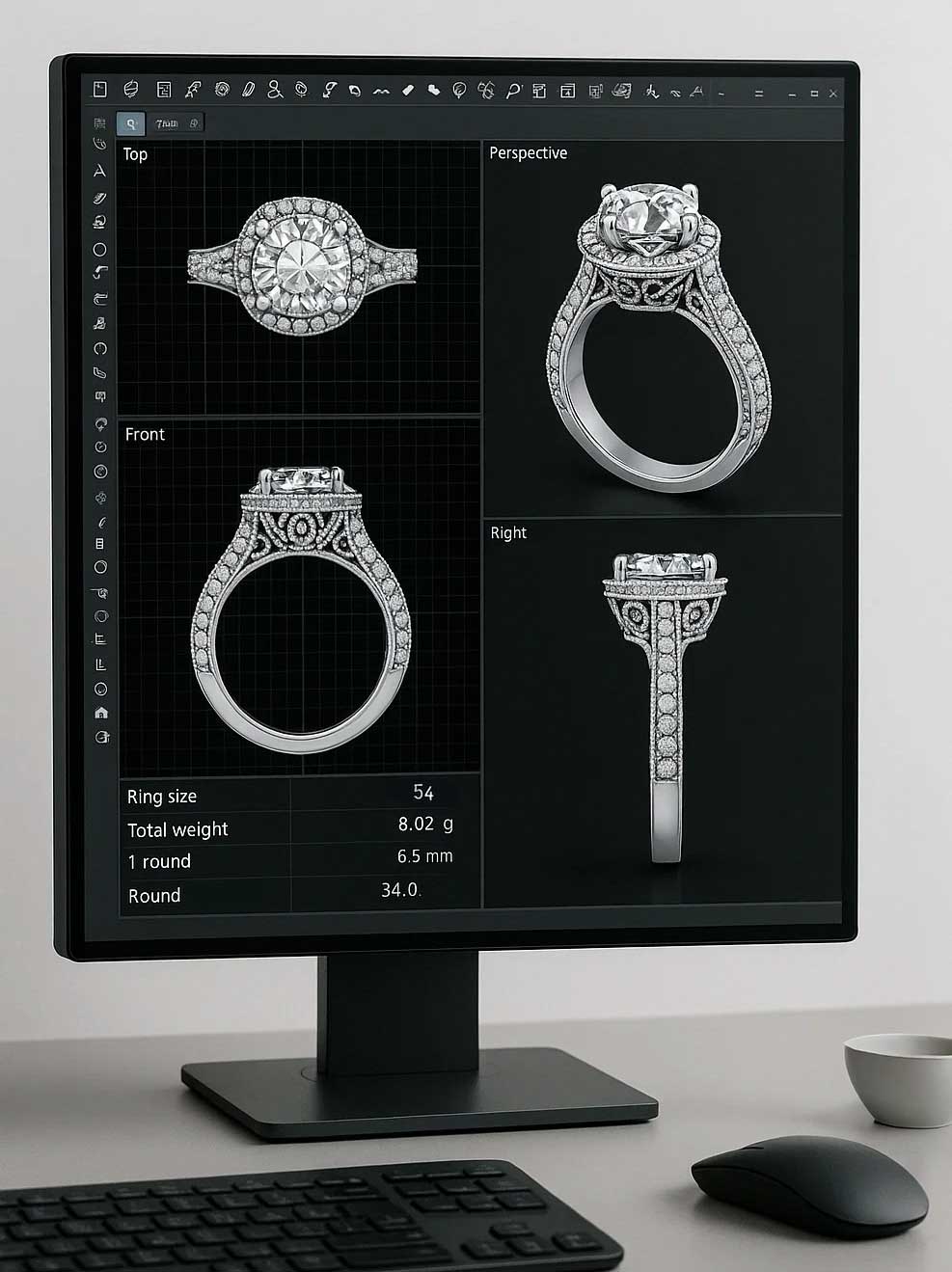 Modellazione 3D di un gioiello su misura - Visualizzazione tecnica di un pendente in oro