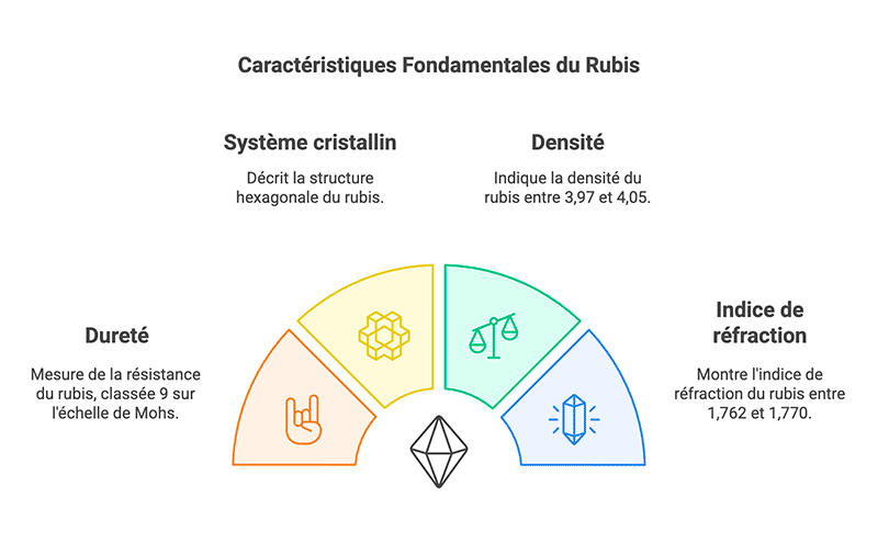 Caractéristiques fondamentales du rubis - Illustration détaillée montrant la dureté, le système cristallin et les propriétés physiques de cette pierre précieuse