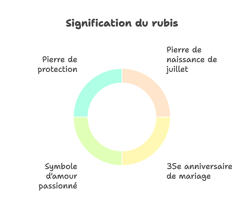 Signification et symbolisme du rubis - Infographie montrant les associations symboliques du rubis avec l'amour, la passion, le pouvoir et la protection à travers les cultures