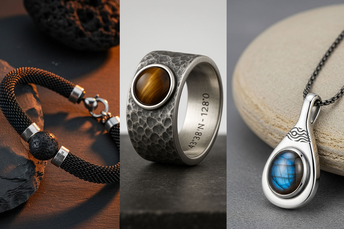 Trois bijoux masculins sur-mesure : bague Terra avec œil de tigre, pendentif Aqua avec labradorite bleue, et bracelet Element avec pierres de lave volcanique