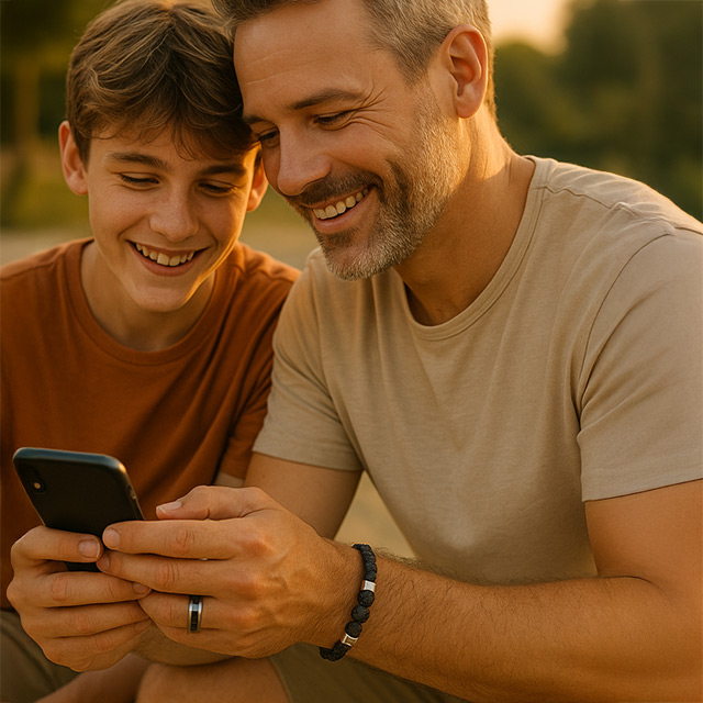 Père et son fils adolescent souriant ensemble complices avec bijoux masculins modernes argentés - Complicité intergénérationnelle Fête des Pères 2025 lifestyle familial Aden 640x640 pixels