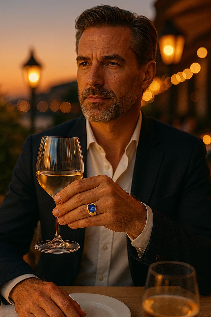 Homme élégant bronzé portant bague or jaune 18 carats avec Lapis Lazuli bleu profond - Portrait style chic masculin pour l'été 2025 avec bijoux Aden tendance dorée estivale