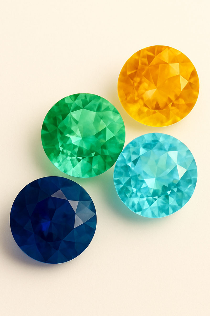 Collection de pierres précieuses colorées d'été - Saphirs bleus royaux, émeraudes vertes éclatantes, aigue-marine claire et citrine dorée en portrait - Gemmes vibrantes Aden pour bijoux masculins estivaux 2025